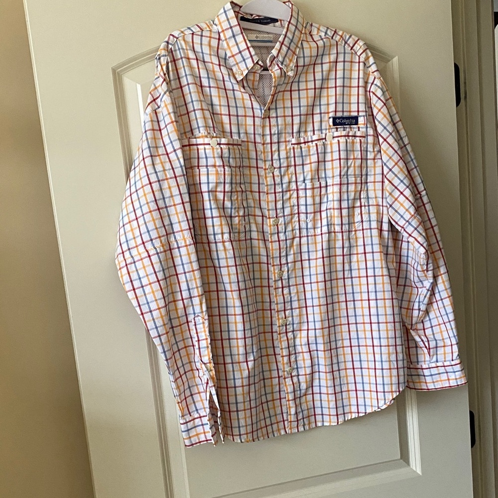Columbia Men’s White Plaid Button-Down Shirt with Orange & Blue Accents
